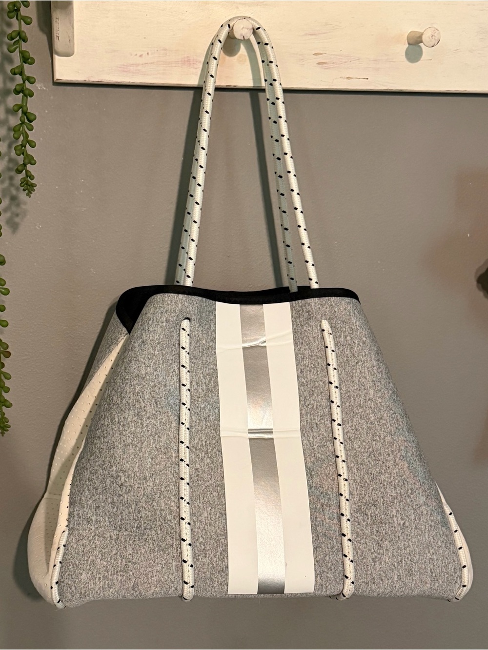 Gray and White Neoprene Tote with Contrast Rope Handles